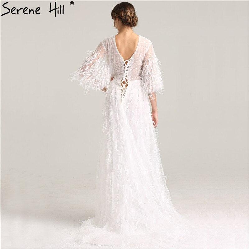 On Sale No Return No Refund Sale Half Sleeve Dream Feather Tassel  Evening Dresses 2024 White Pearls Fashion Sexy Formal Evening Gowns LA6225
