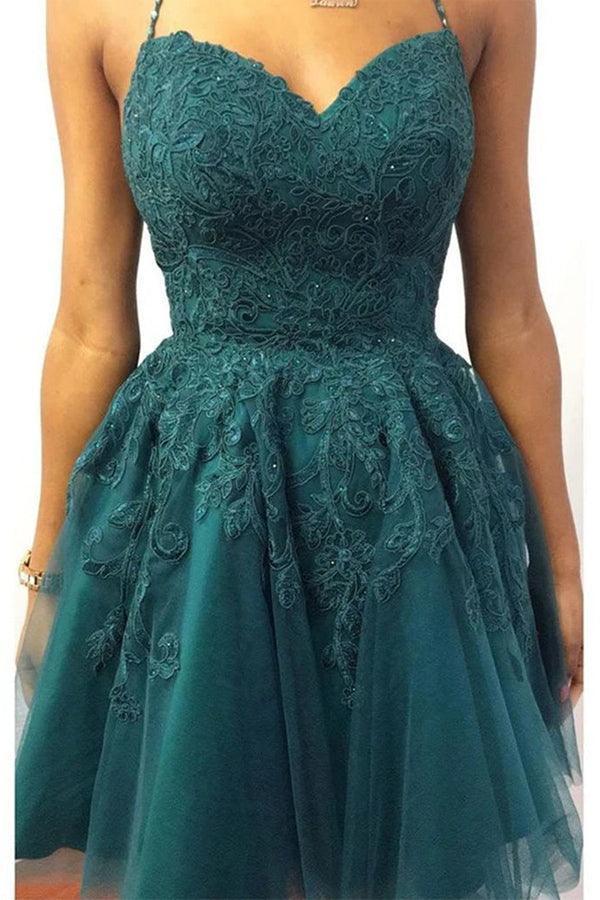 Neckholder-Kurzes Smaragdgrünes Spitzen-Ballkleid Homecoming-Kleid