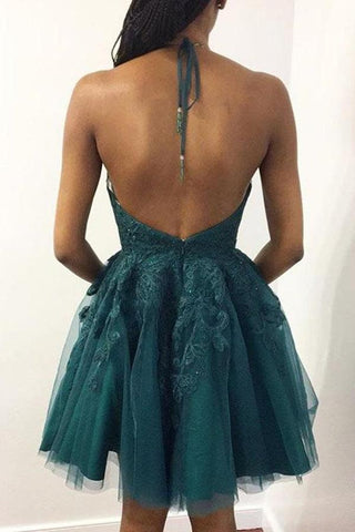 Vestidos de fiesta cortos de encaje verde esmeralda con cuello halter y vestidos de regreso a casa