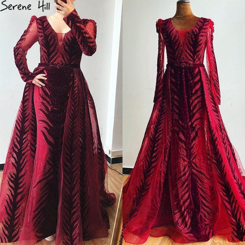 Weinrotes Abendkleid aus Samt mit langen Ärmeln, luxuriöses Design, Perlenbesatz, formelles Kleid 2024, Serene Hill, Übergröße LA60903 