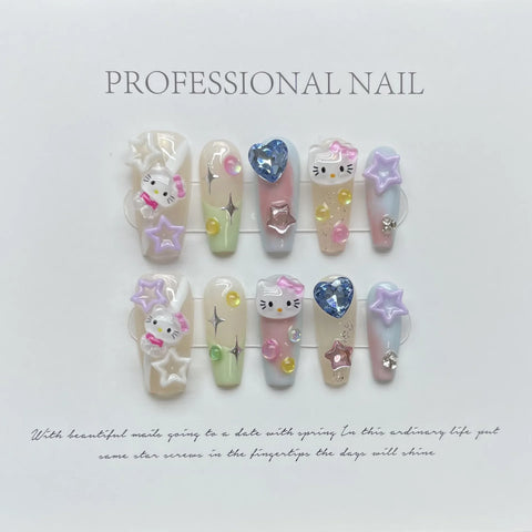 In vogue Handmade Stick on Nails Hello Kitty Cute Cartoon Mid-length Style Gel Press on Nails