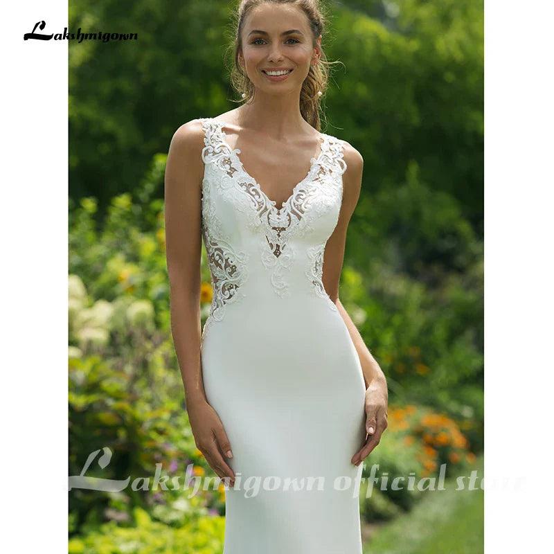 Vestidos de novia de sirena de satén suave para novia, escote en V, vestido recto con doble abertura en la espalda, vestidos de novia, vestido de novia 