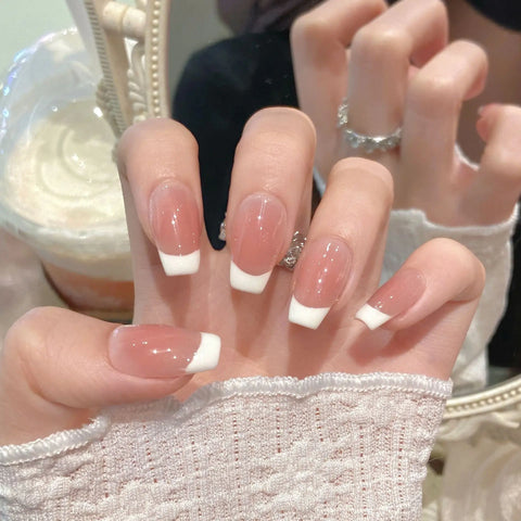 New False Nails Classic French Cream Powder French Simple Nude Short Pure Handmade Nails