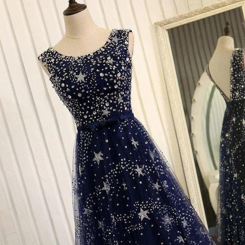 Vestido largo de fiesta de tul azul marino con espalda en V, vestidos de graduación, vestidos de dama de honor de corte A azules