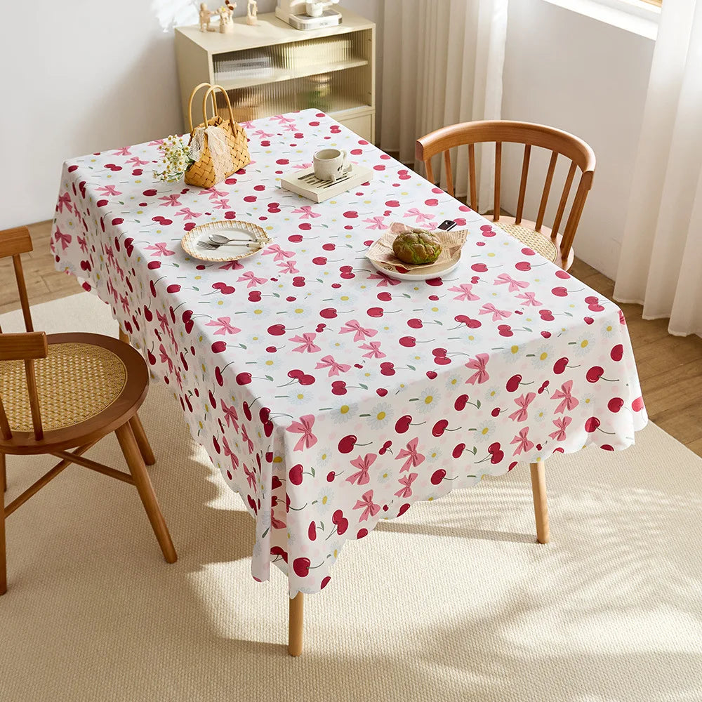 Cute cherry and bow print tablecloth, waterproof polyester fiber rectangular tablecloth, suitable for kitchen, catering, party decoration