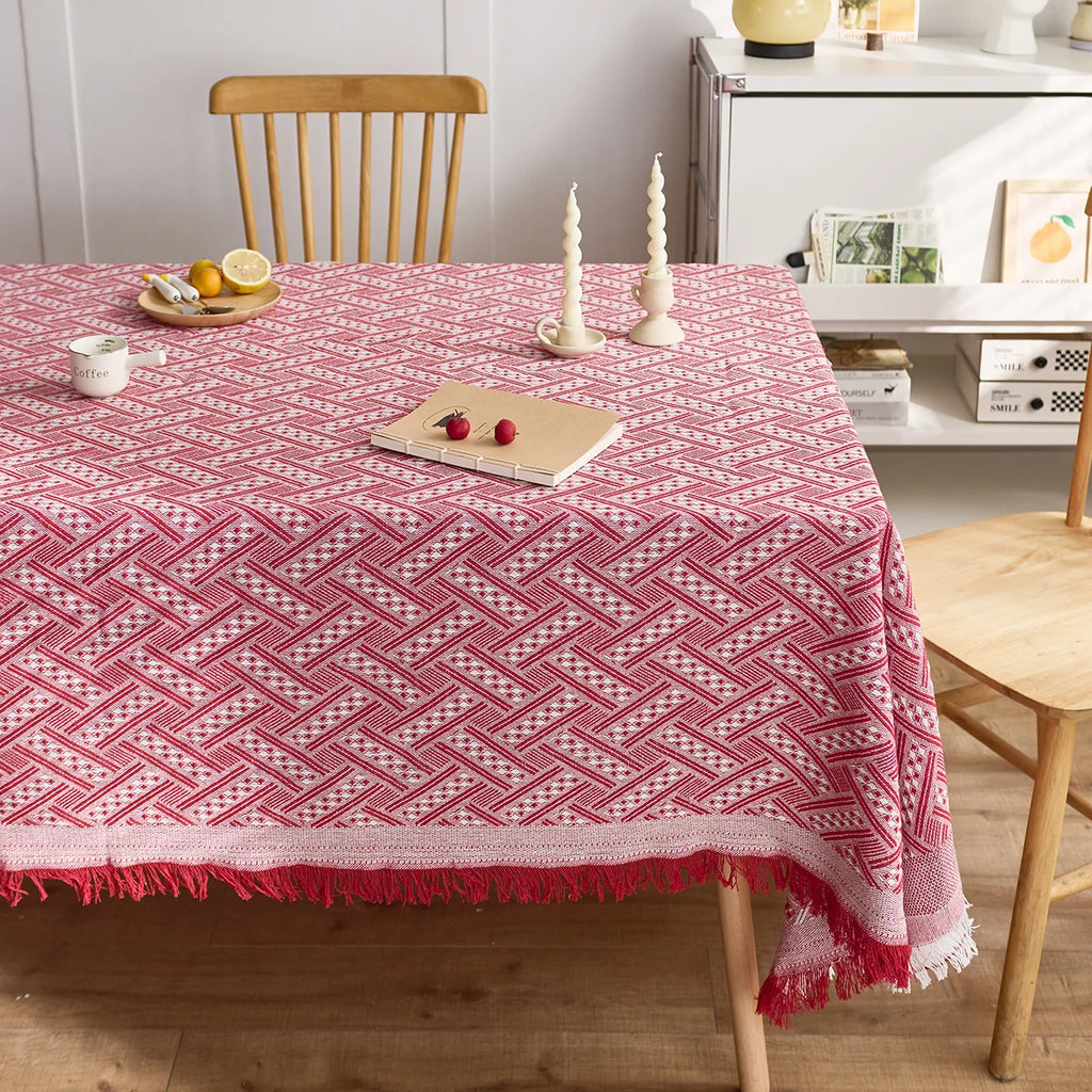 Holiday style multi-size rectangular tablecloth knitted cotton yarn with fringed table cover