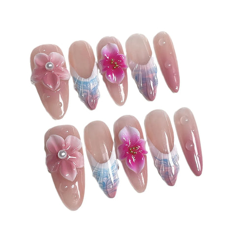 Hand-made Sweet French Blush Nails, Ice-clear Three-dimensional Carved Long Nail Art Patches