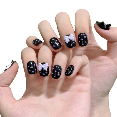 New Style 3D Hand-molded Cute Polka Dot Bow Short Nails
