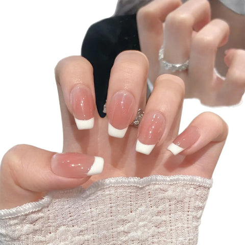 New False Nails Classic French Cream Powder French Simple Nude Short Pure Handmade Nails