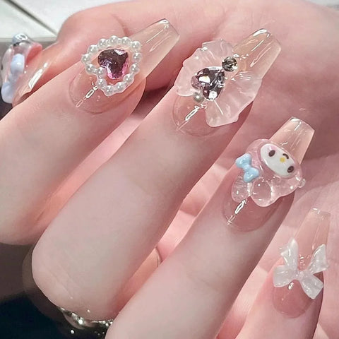 Cartoon pink Gel Press on Nails Beautiful Girl Kawaii Cute Nails Stick on Nails