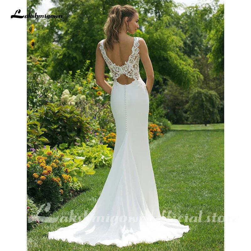 Vestidos de novia de sirena de satén suave para novia, escote en V, vestido recto con doble abertura en la espalda, vestidos de novia, vestido de novia 