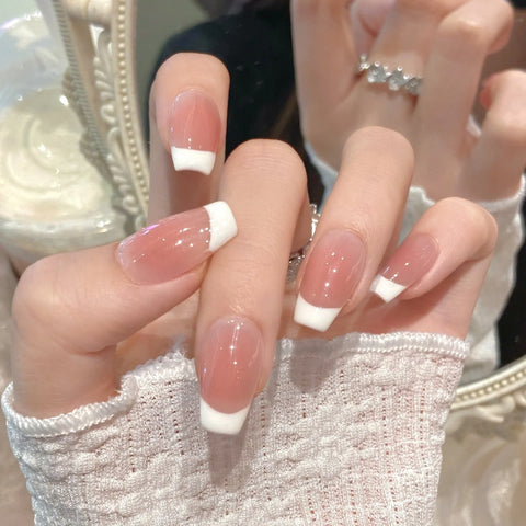 New False Nails Classic French Cream Powder French Simple Nude Short Pure Handmade Nails