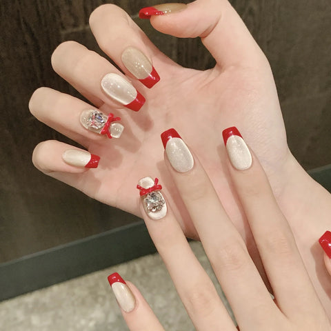 High Quality  Dense Cat-eye Minimalist Red French Short Everyday Handcrafted Nail Art