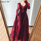 Weinrotes Abendkleid aus Samt mit langen Ärmeln, luxuriöses Design, Perlenbesatz, formelles Kleid 2024, Serene Hill, Übergröße LA60903 