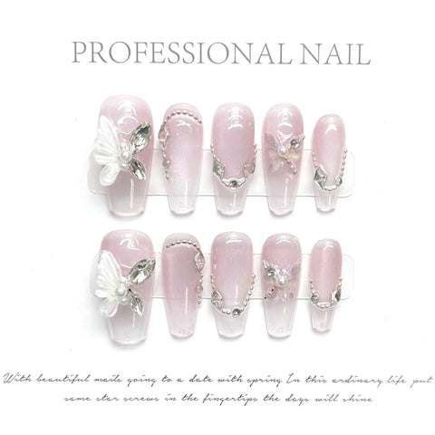 Hot Sale High Quality 10Pcs Jade Butterfly Floating Shadow  Hand Pressing Short Nails Luxury  Handmade Press on Nails
