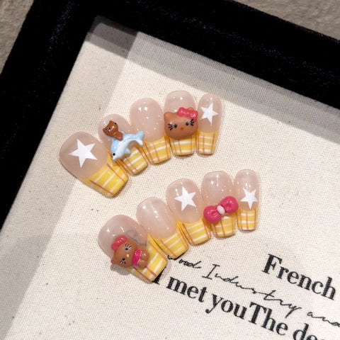 Meistverkauftes Set für falsche Gelnägel, zum Aufkleben, gelbes French Check, Hellokitty, zum Aufdrücken der Nägel 