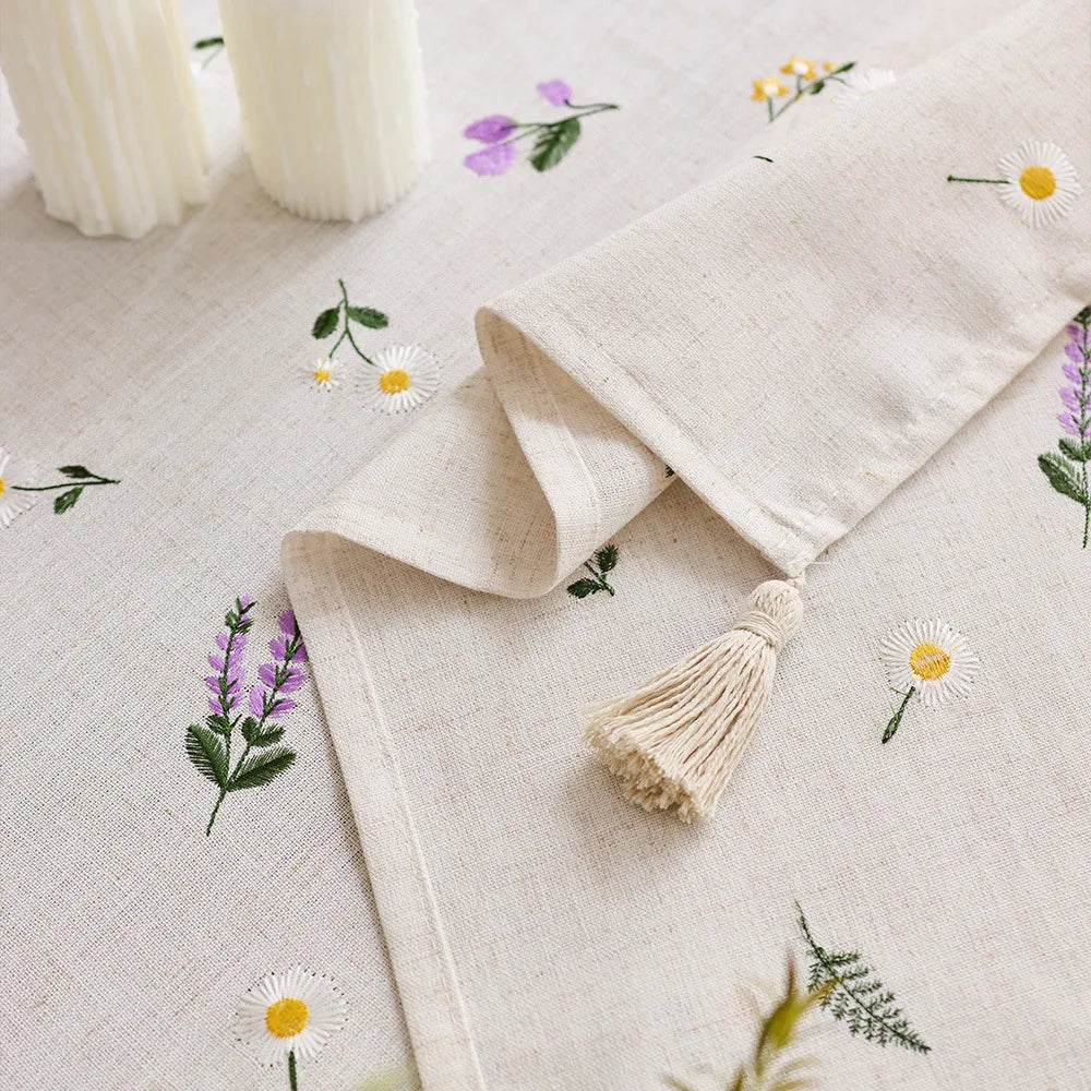 Nordic style lightweight luxury tablecloth waterproof polyester linen fabric embroidered tablecloth