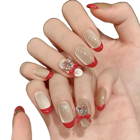 High Quality  Dense Cat-eye Minimalist Red French Short Everyday Handcrafted Nail Art