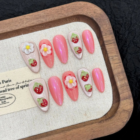 3D Press on Nails Hand-painted Strawberry Egg Flower Nails for Spring and Summer, Fully Handmade