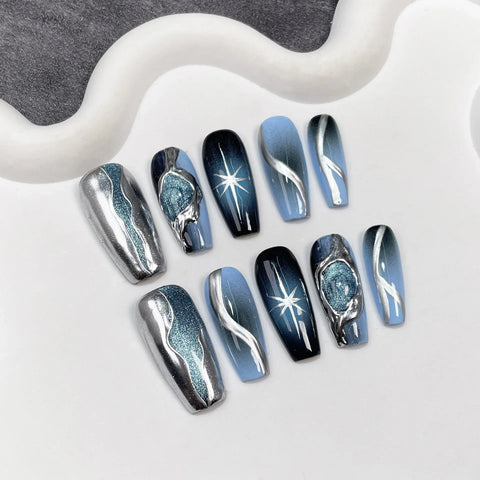 Black and Blue Gradient 3D High-end Spray Gun Medium-length Nail Stickers, Wearable Nail Decals