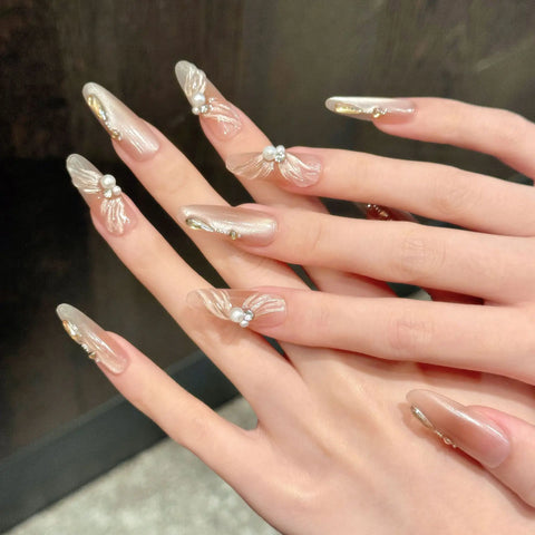 New Style High Quality Ballet-inspired Pure Desire Blush Cat-eye Champagne Ribbon Long Manual Wear Nails