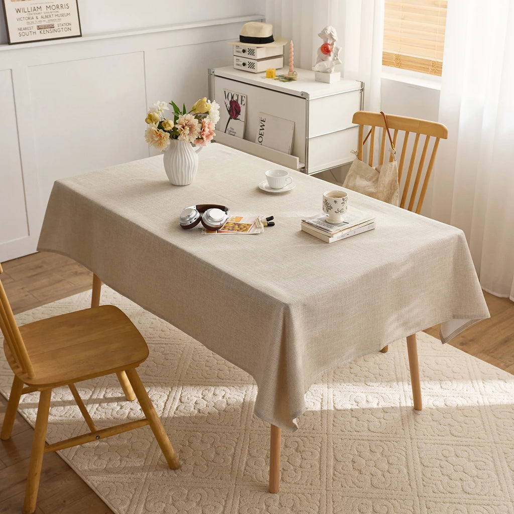 Beige solid linen appearance tablecloth, washable, rectangular 140cm wide tablecloth, suitable for outdoor dining decoration
