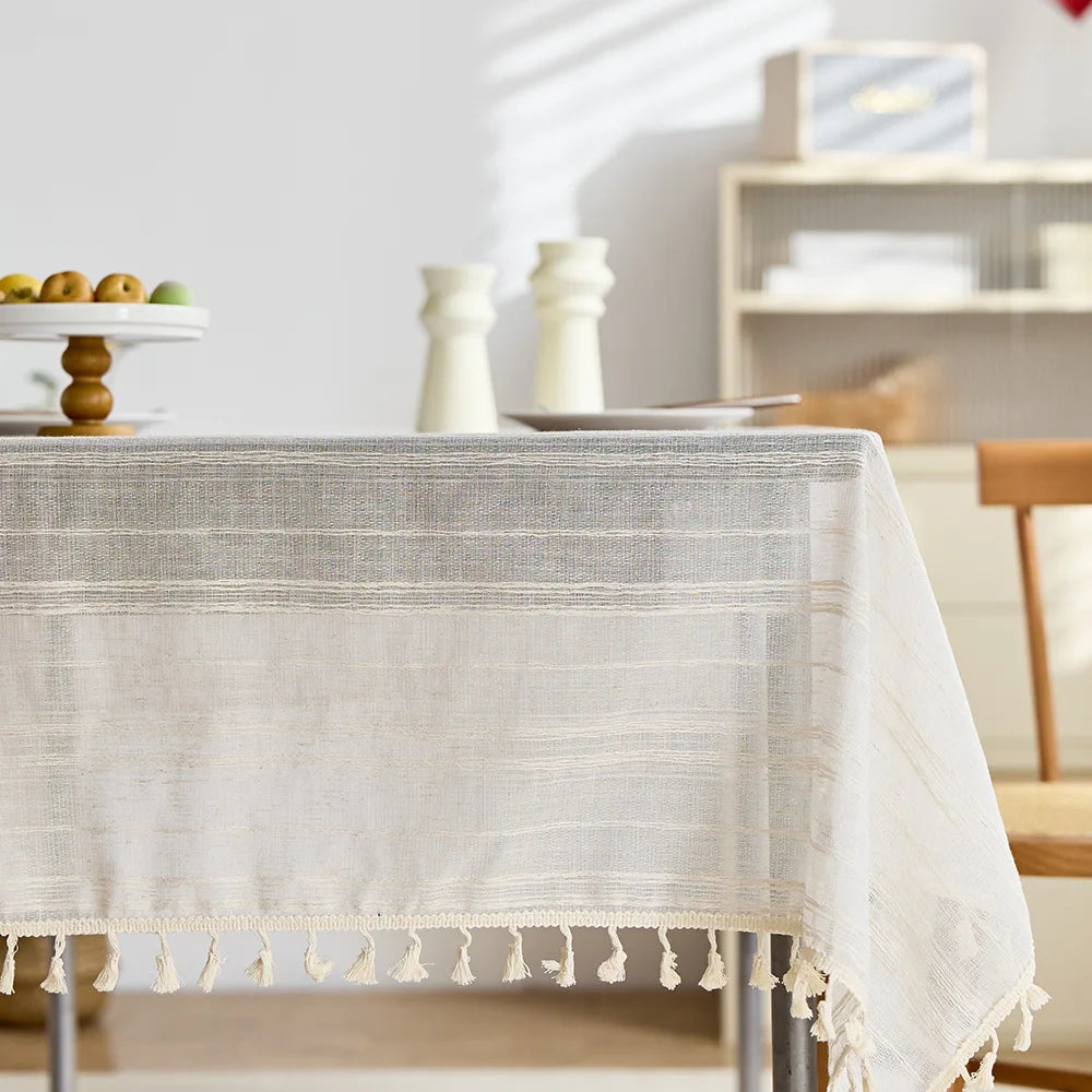 French cream linen/polyester tablecloth striped pattern dustproof reusable customizable luxury coffee table cover living room decoration