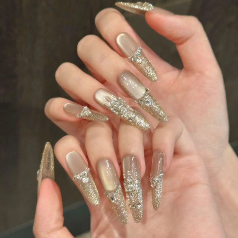 Own Brand Custom Design Nude Glitter French Manicure with Delicate Diamond Accents, Luxurious Long Handmade Nail
