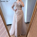 Dubai Luxury Grey With DetachableTrain Evening Dresses  Long Diamond Mermaid Beading Formal Dress Serene Hill LA70341