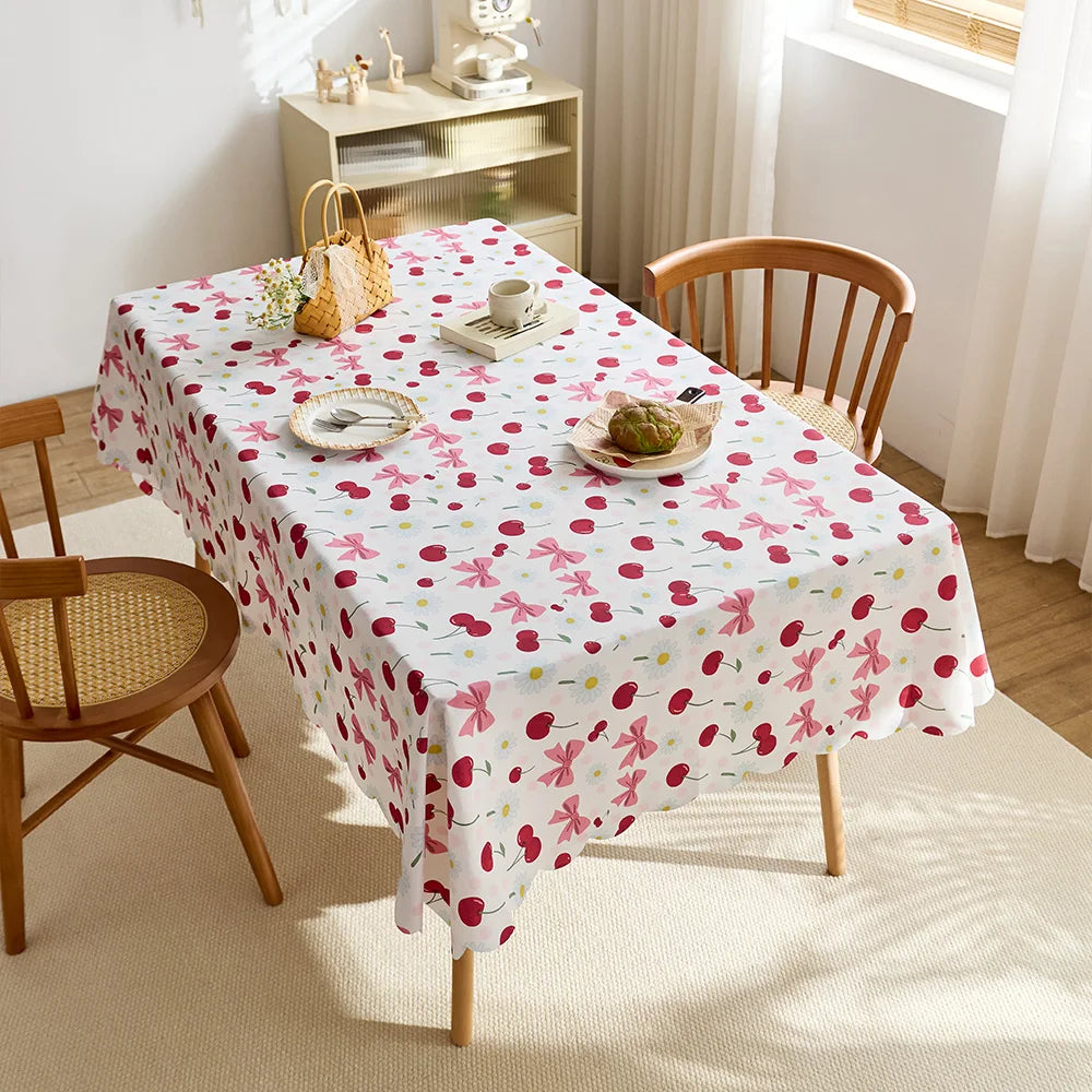 Cute cherry and bow print tablecloth, waterproof polyester fiber rectangular tablecloth, suitable for kitchen, catering, party decoration