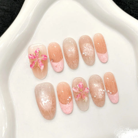 Exquisite Ice Flower Handcrafted 3D Peach pink French Spring and Summer Pure Handmade Nail Art