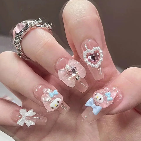 Cartoon pink Gel Press on Nails Beautiful Girl Kawaii Cute Nails Stick on Nails