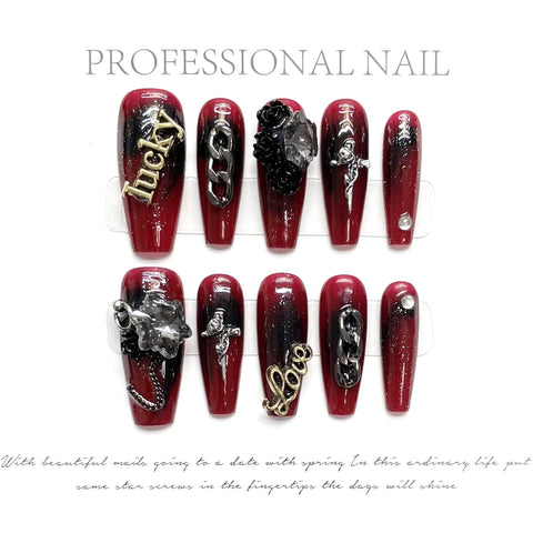 Luxury Style Red 3D Handmade Full Covered Coffin False Nails Press on Nails