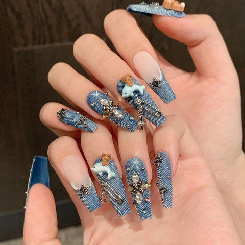 Vintage Denim Style Spicy Girl Black cat Long Handmade Nail Tips