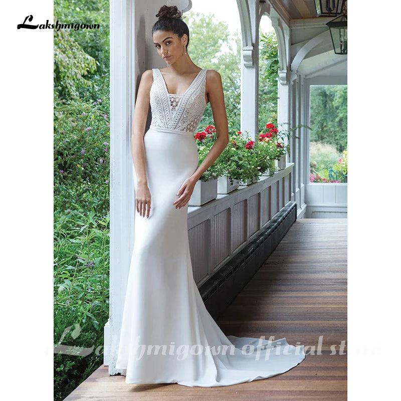 Sexy rückenfreies Brautkleid, figurbetontes Crepe-Kleid mit durchgehendem Spitzenmieder, Brautkleider, Robe Femme, NumberSea 