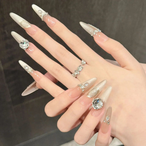 French Cat-eye Luxury Stacked Diamond High-end Style Handcrafted Wear-on Nails