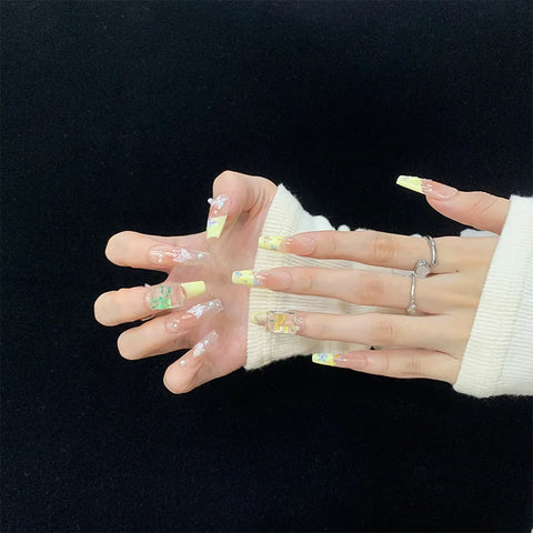 Long Ladder Type Yellow Matching Nude Ribbon Rhinestone Design Removable Soft False Nails