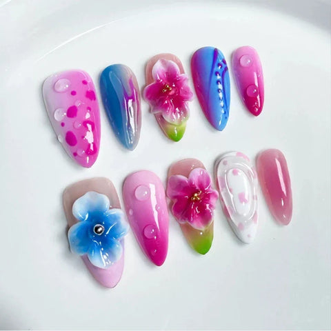Handmade Manufacturer 3D Floral Carved Sexy Leopard Almond Blush Nails