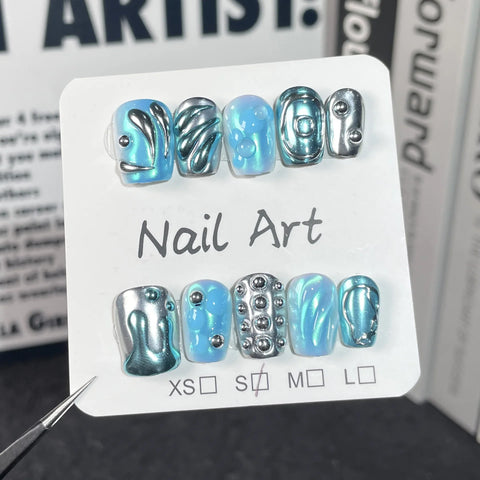 New Style Handmade Wear Nails Blue Fantasy Mermaid Tears Sweet Cool Hot Girl Short Nail Art