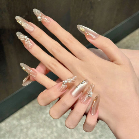 New Style High Quality Ballet-inspired Pure Desire Blush Cat-eye Champagne Ribbon Long Manual Wear Nails