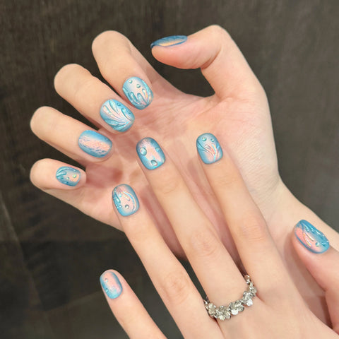 Hochwertige ozeanblaue Y2K-Nägel, kurz, rund, 10 Stück, zum Aufdrücken von Nägeln, handgefertigt, individuelles Logo, künstliche Acryl-Gel-Nägel 