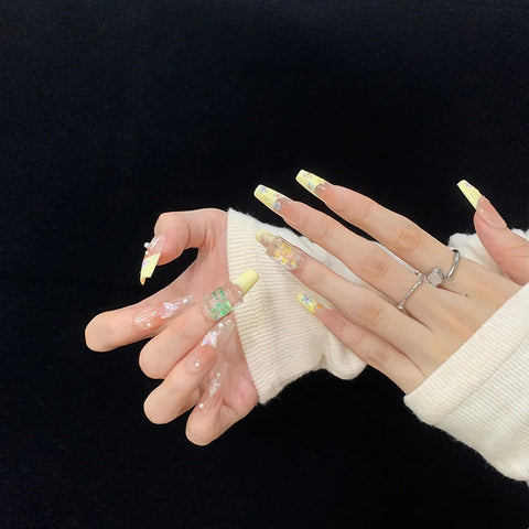 Long Ladder Type Yellow Matching Nude Ribbon Rhinestone Design Removable Soft False Nails