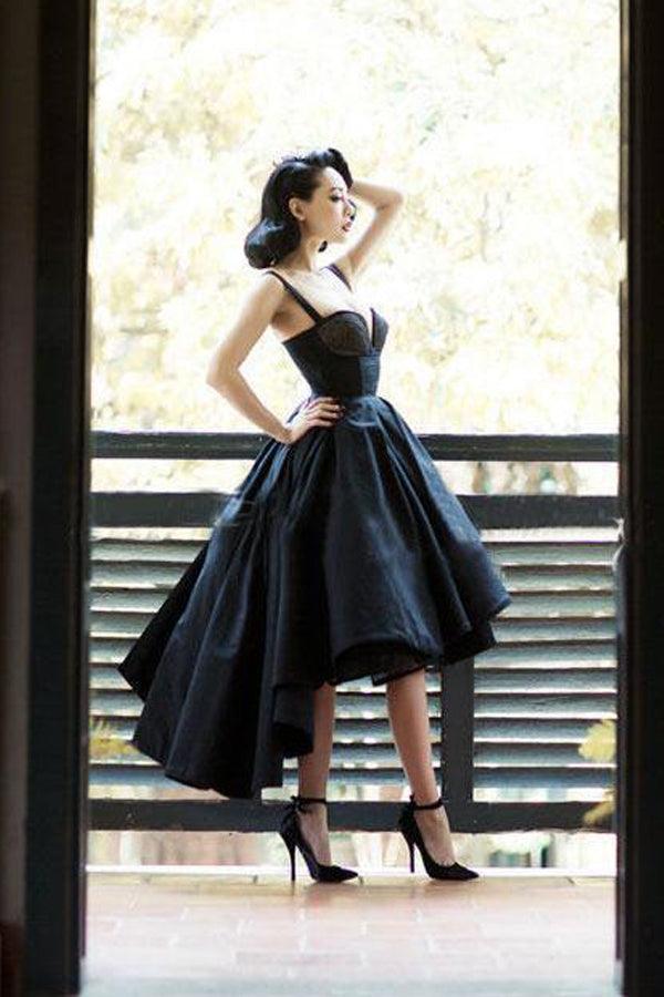 Vestido negro alto bajo, vestidos vintage para regreso a casa, vestido corto para fiesta de graduación