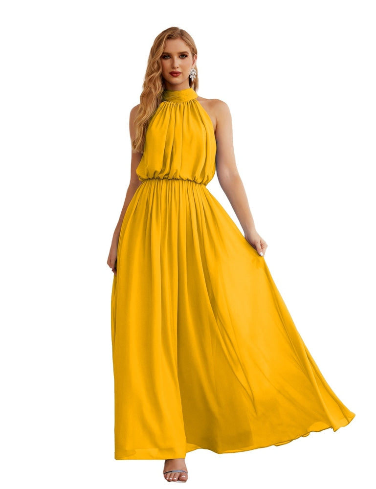 Numbersea High Neck Chiffon Bridesmaid Dresses Long Evening Formal Party Prom Gowns 28027 Mustard