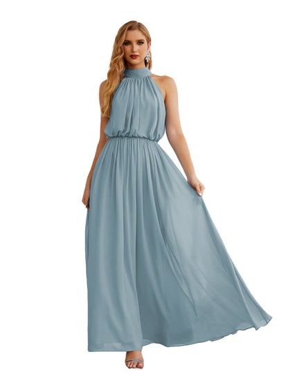 Numbersea High Neck Chiffon Bridesmaid Dresses Long Evening Formal Party Prom Gowns 28027 Dusty Blue
