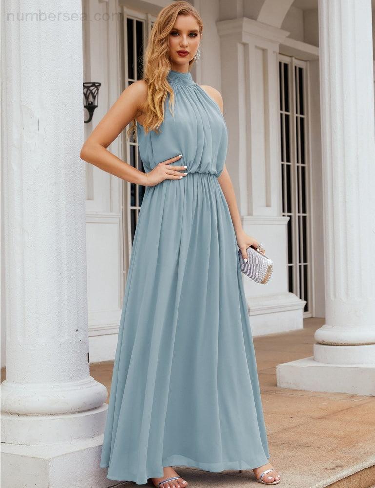 Numbersea High Neck Chiffon Bridesmaid Dresses Long Evening Formal Party Prom Gowns 28027
