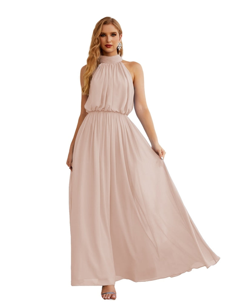 Numbersea High Neck Chiffon Bridesmaid Dresses Long Evening Formal Party Prom Gowns 28027 Pearl Pink