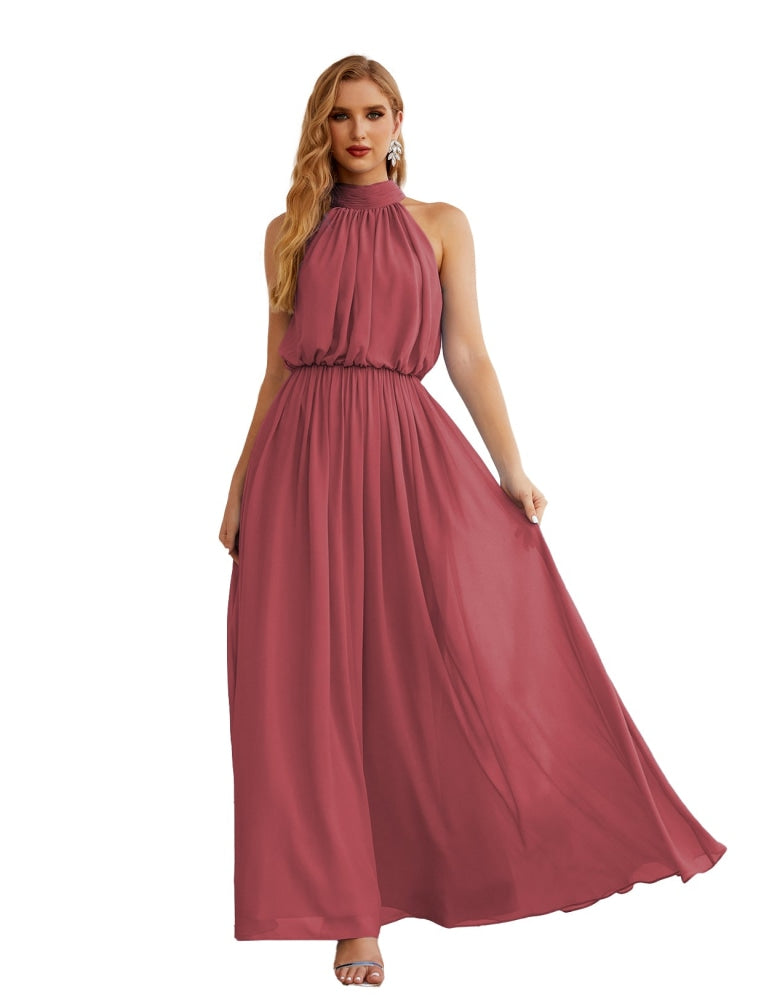 Numbersea High Neck Chiffon Bridesmaid Dresses Long Evening Formal Party Prom Gowns 28027 Begonia