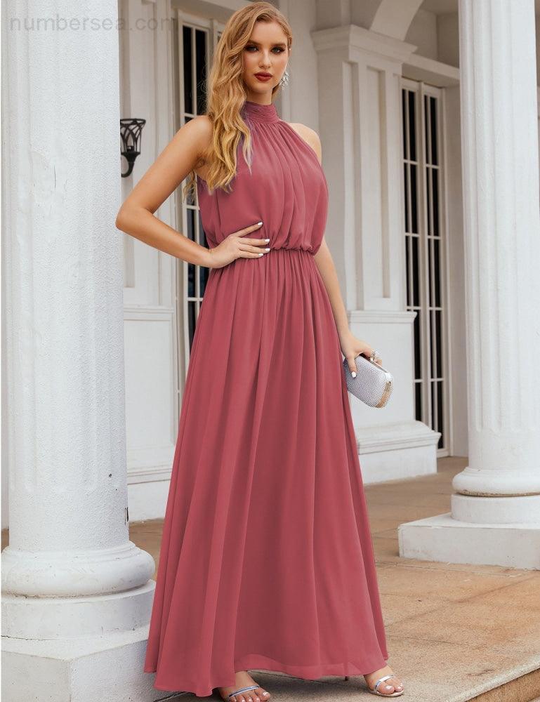 Numbersea High Neck Chiffon Bridesmaid Dresses Long Evening Formal Party Prom Gowns 28027