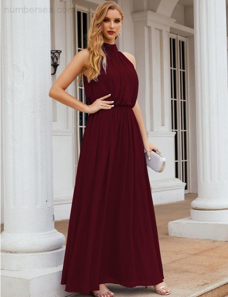 Numbersea High Neck Chiffon Bridesmaid Dresses Long Evening Formal Party Prom Gowns 28027